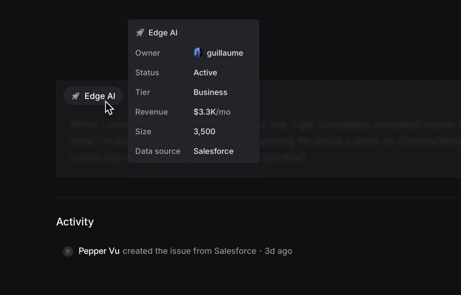 Screenshot of a Linear issue with customer details expanded. Attributes like owner, status, tier, revenue, size, and data source (Salesforce) are displayed, showing synced account data alongside the issue.