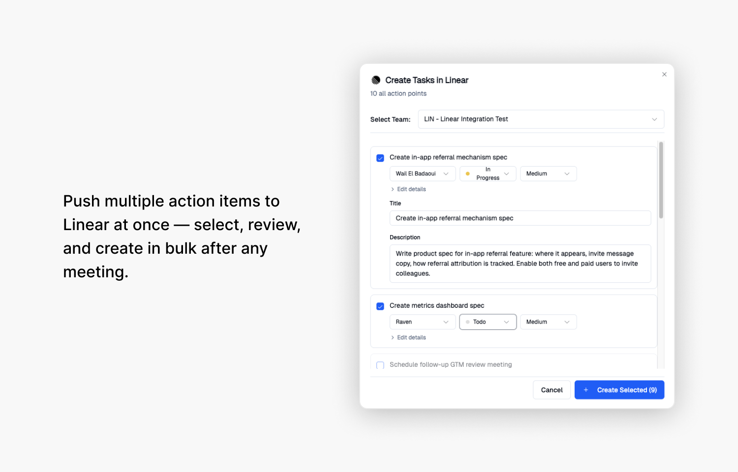 Push multiple action items to Linear at once