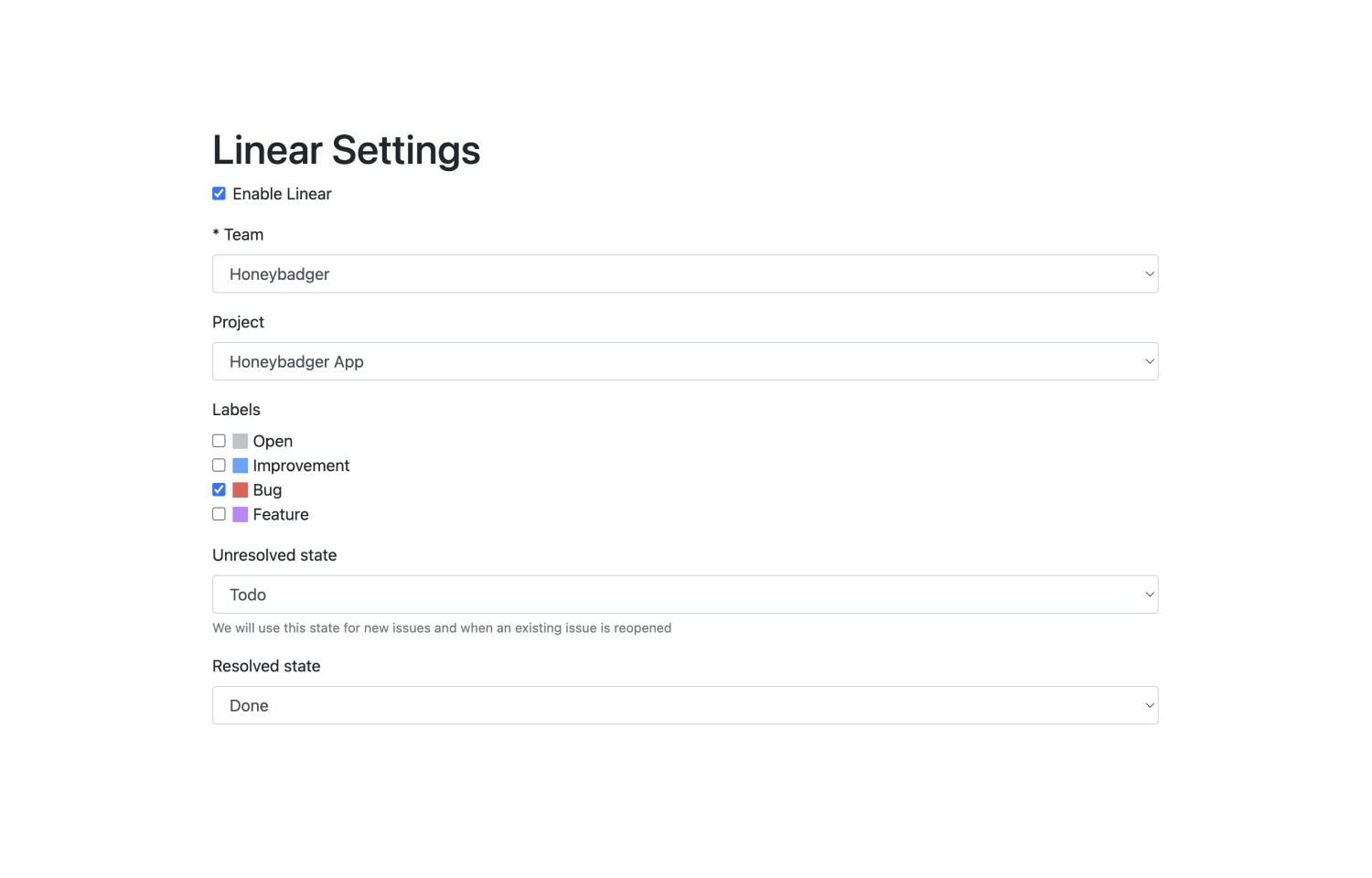 Settings to configure the Honeybadger and Linear integration, including Unresolved state and Resolved state.
