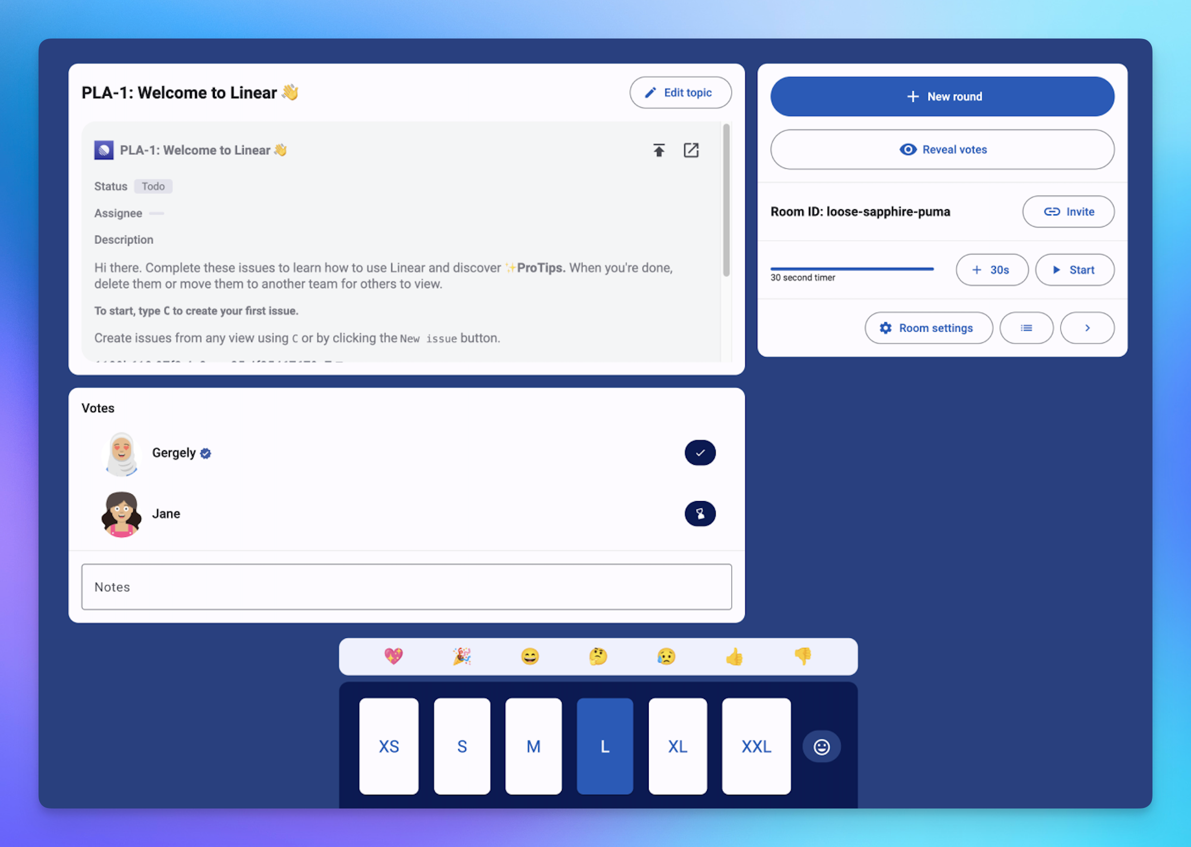 PlanningPoker.live interface showing voting options for estimates