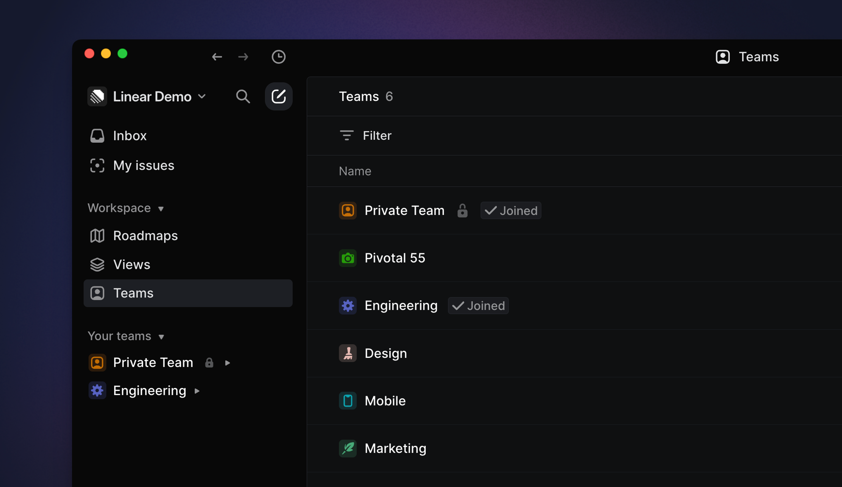 linear app showing teams page