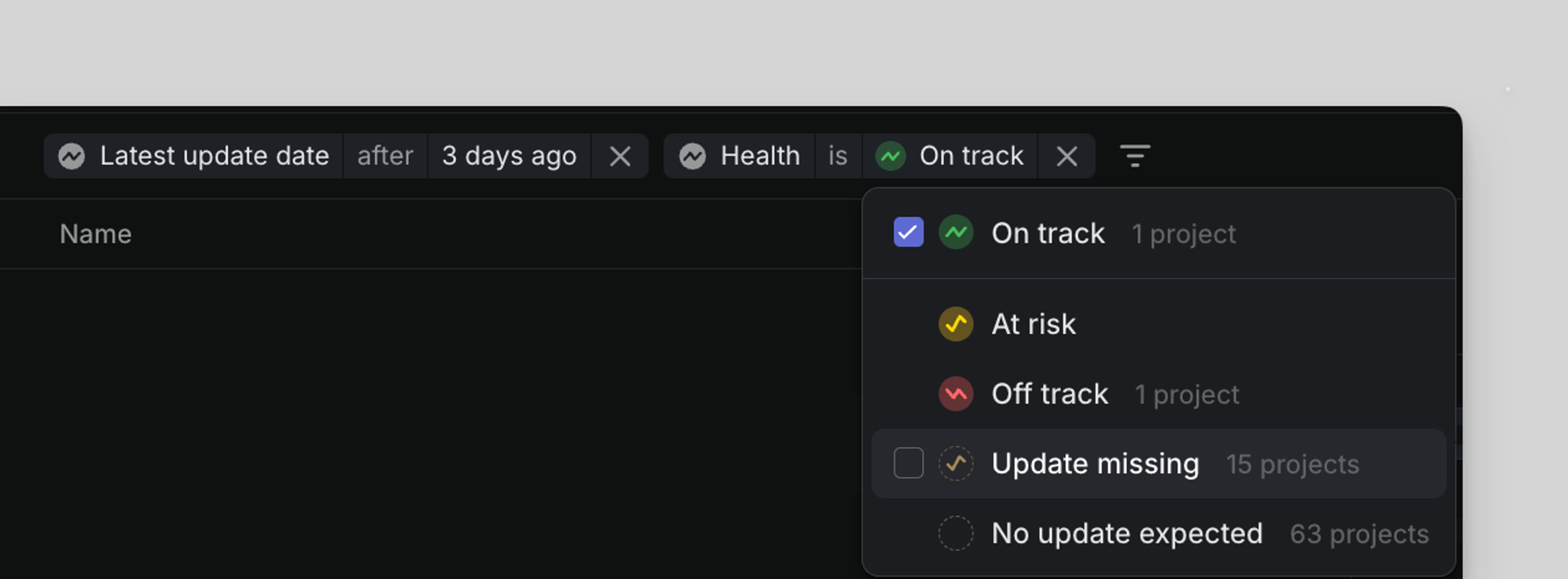 Date and health filters on Project View