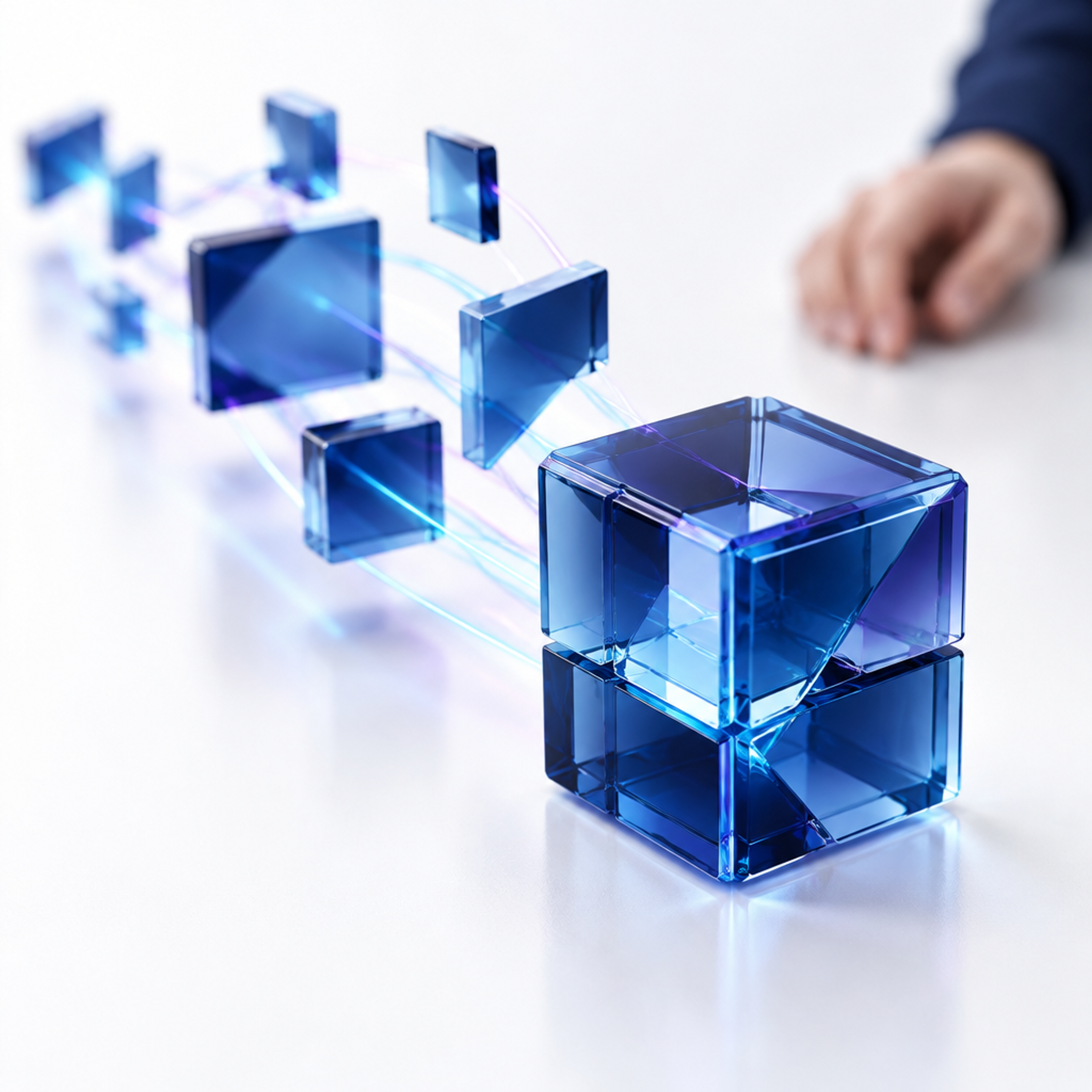 Glass cubes connected by light trails on a white desk