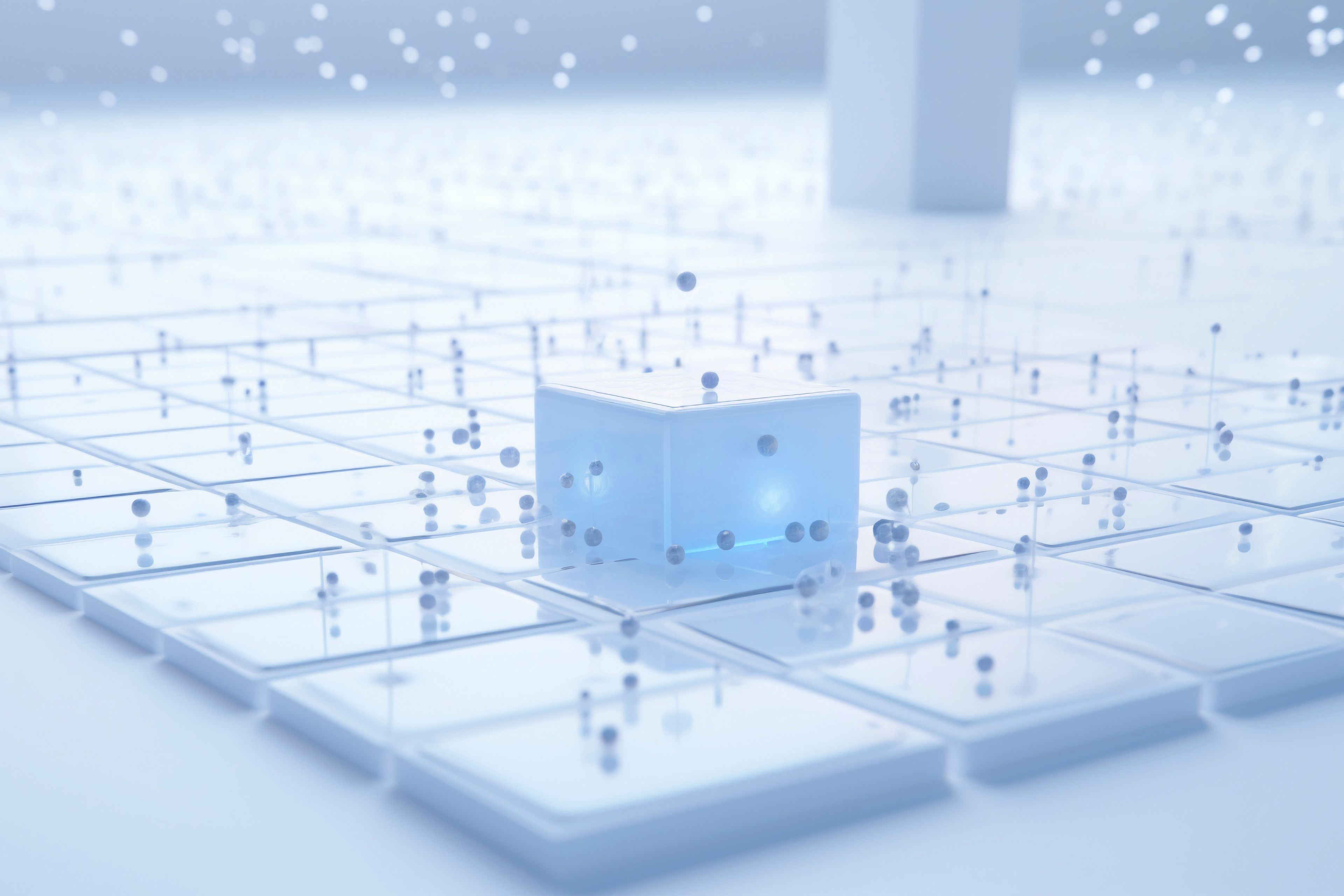 A translucent cube on a grid of glass tiles, with data points rising around it