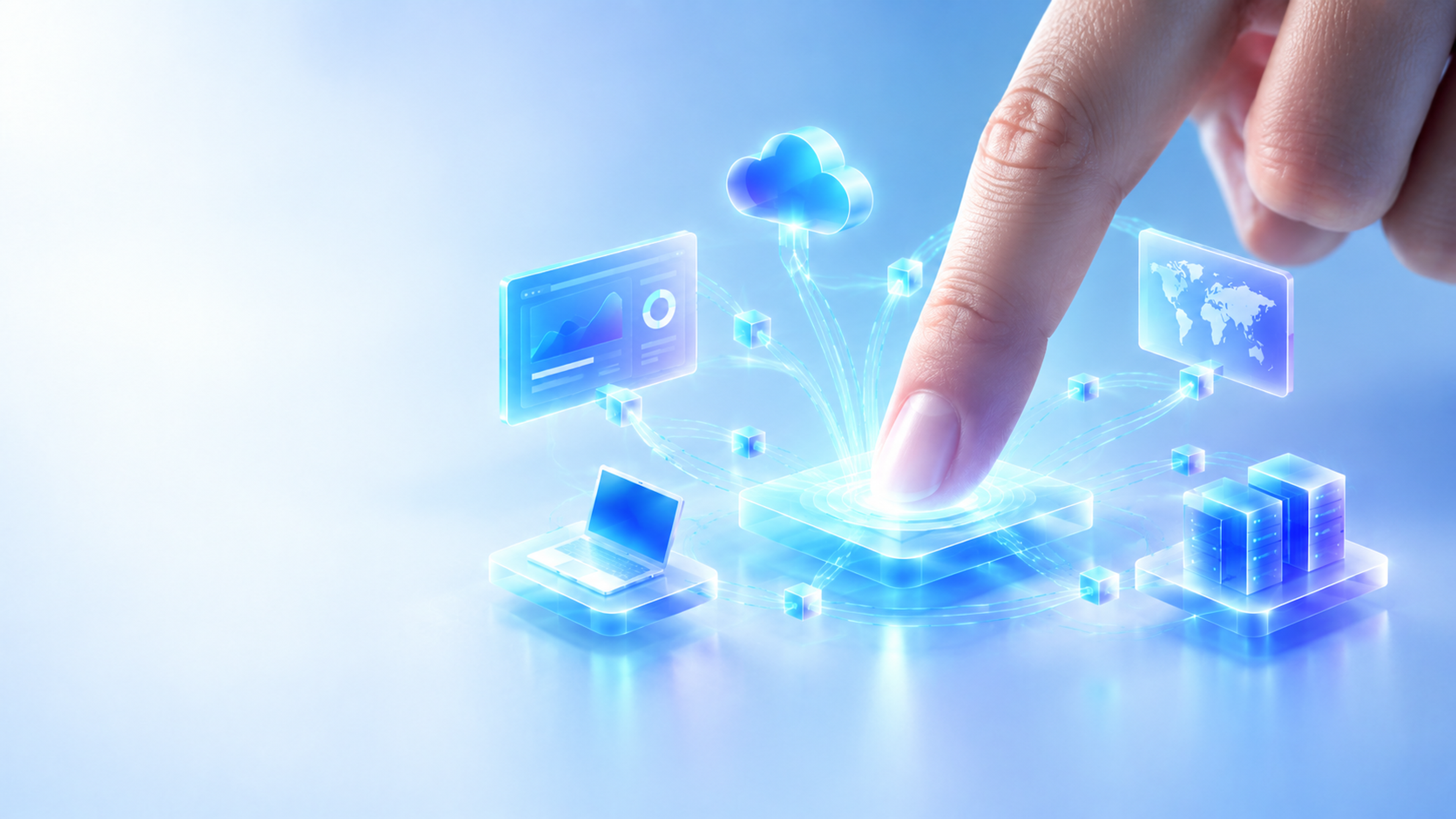 A fingertip touching a glowing interface surrounded by floating screens and devices