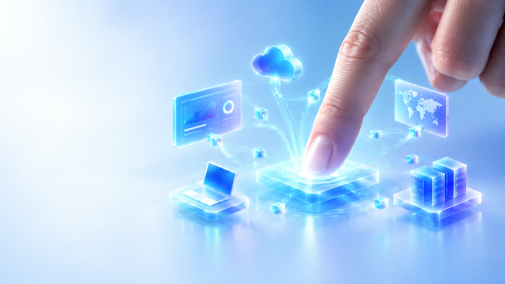 A fingertip touching a glowing interface surrounded by floating screens and devices