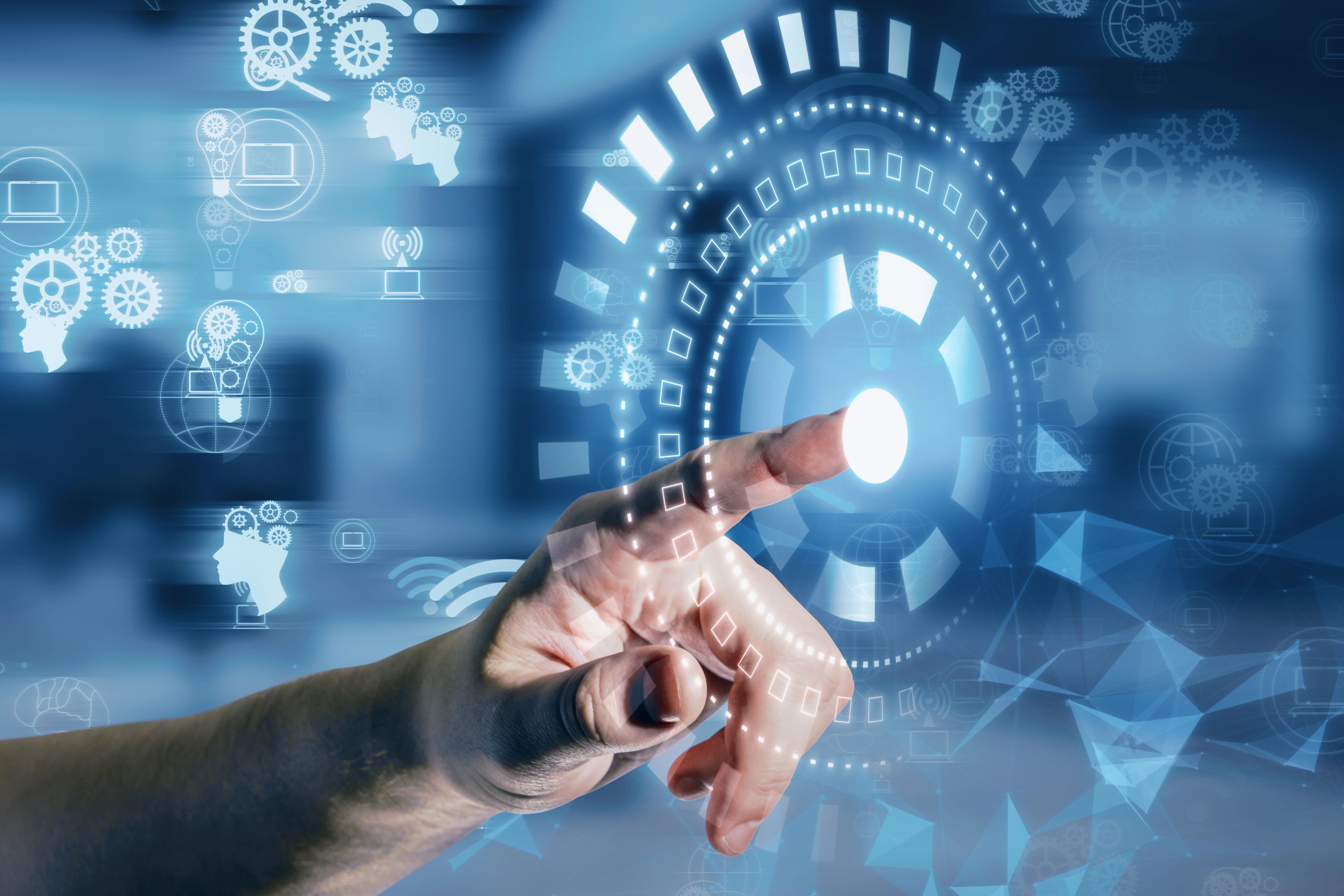 A hand reaching towards a glowing ring of controls and technology icons