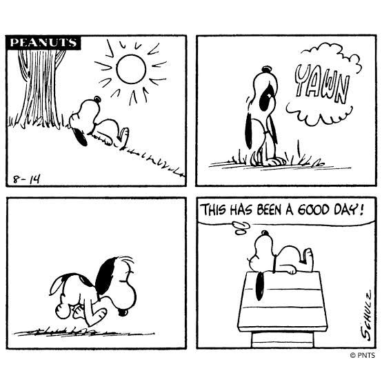 Peanuts comic with Snoopy thinking "This has been a good day"