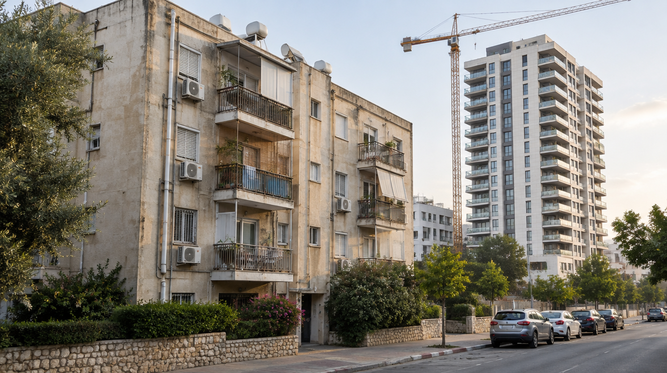 בניין מגורים ישן בן ארבע קומות עם צנרת חיצונית ומרפסות קטנות, ליד מגדל מגורים חדש ועגורן