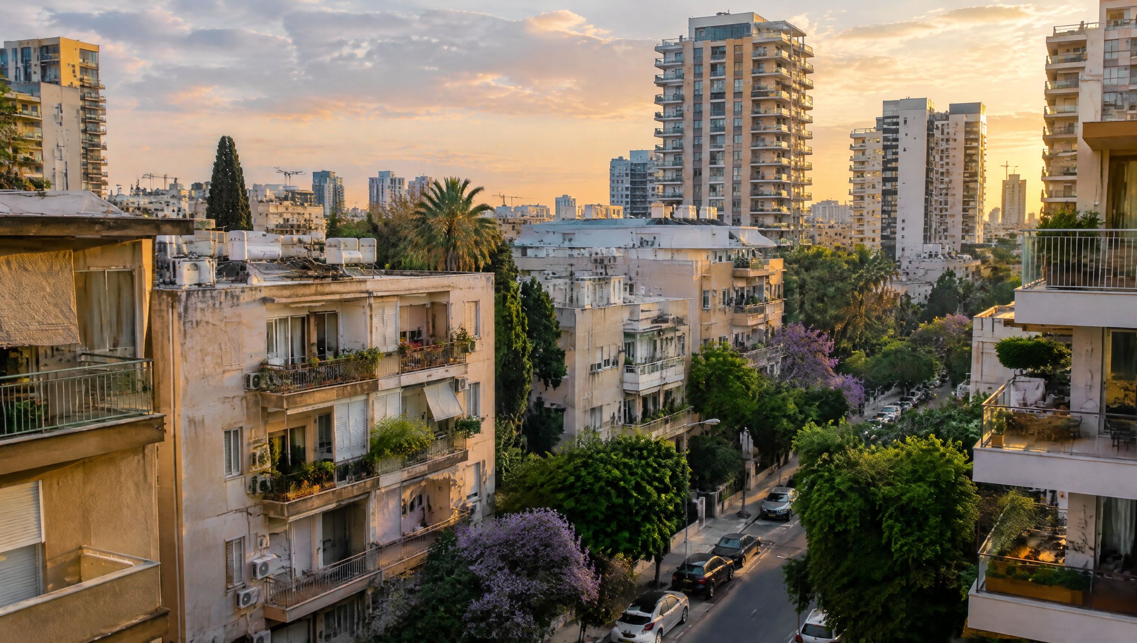 שכונת מגורים עם בנייני דירות בגבהים שונים באור אחר הצהריים