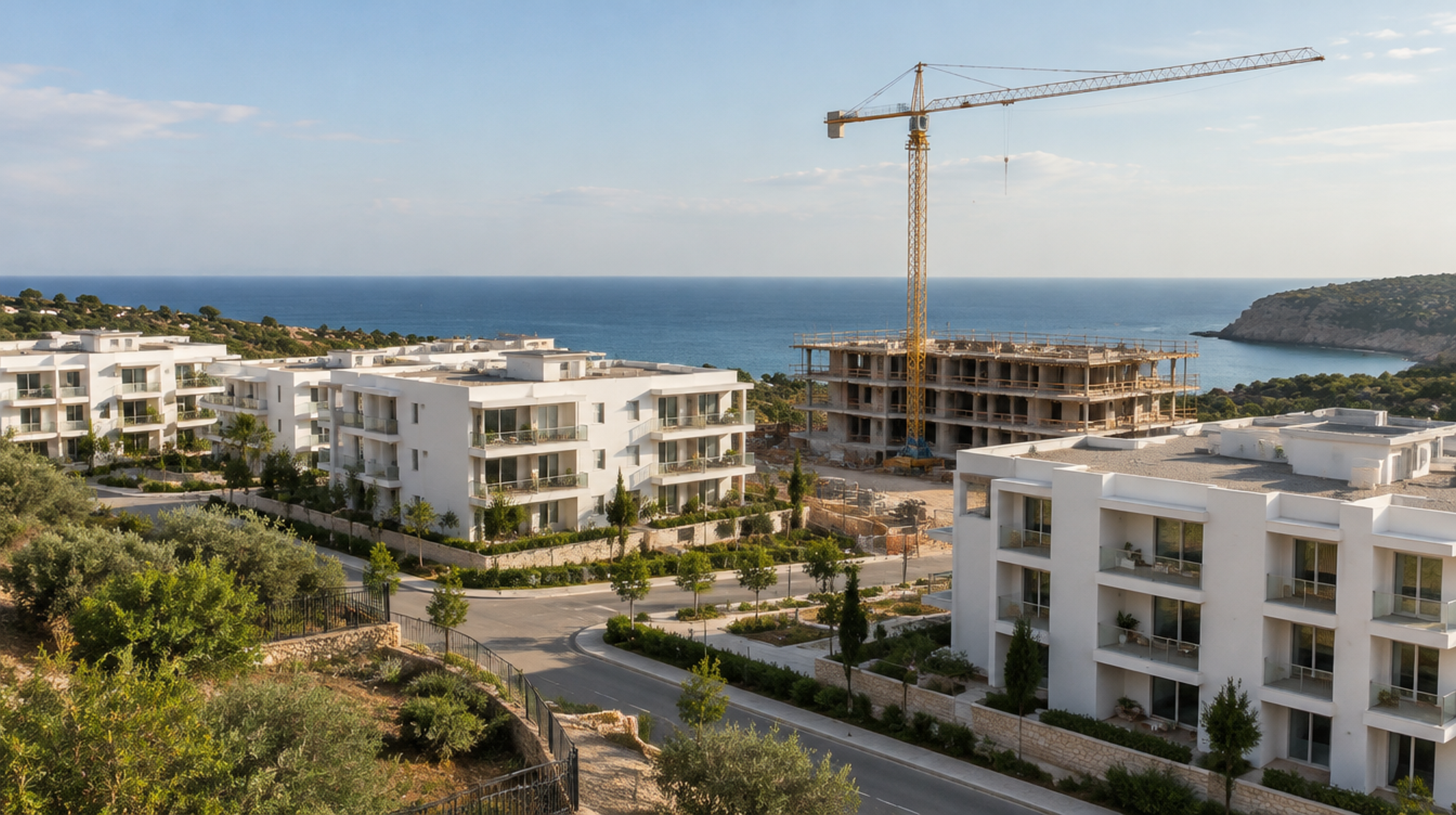 שכונת מגורים חדשה עם בנייני דירות לבנים ומנוף בנייה ליד חוף ים תיכוני