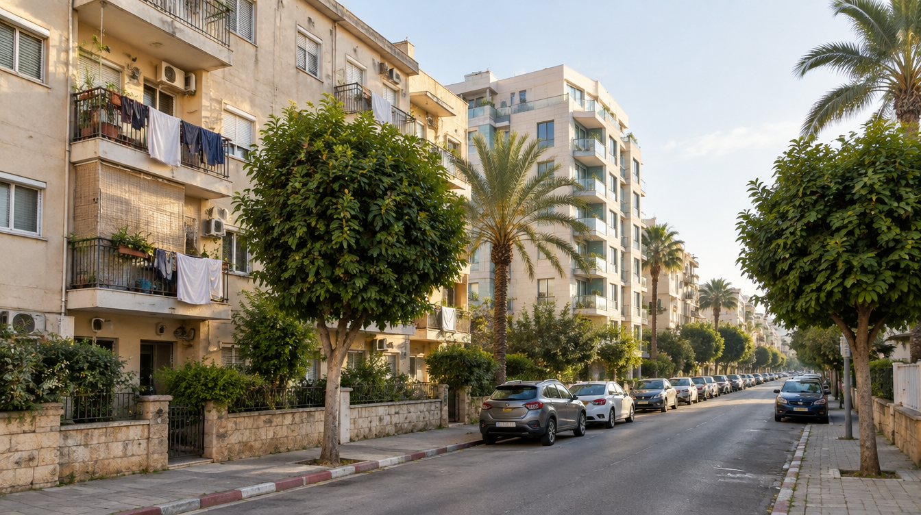 רחוב מגורים בעיר במרכז הארץ, בנייני מגורים ותיקים עם מרפסות ובניין חדש יותר בהמשך הרחוב, באור בוקר רך