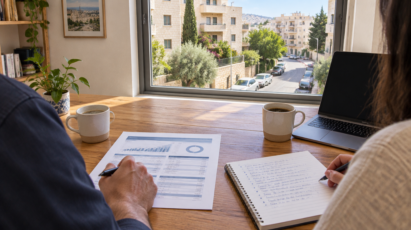 שולחן עץ בחדר עבודה מואר ועליו דוח פנסיה מודפס, מחברת עם שאלות, שתי כוסות קפה ומחשב נייד