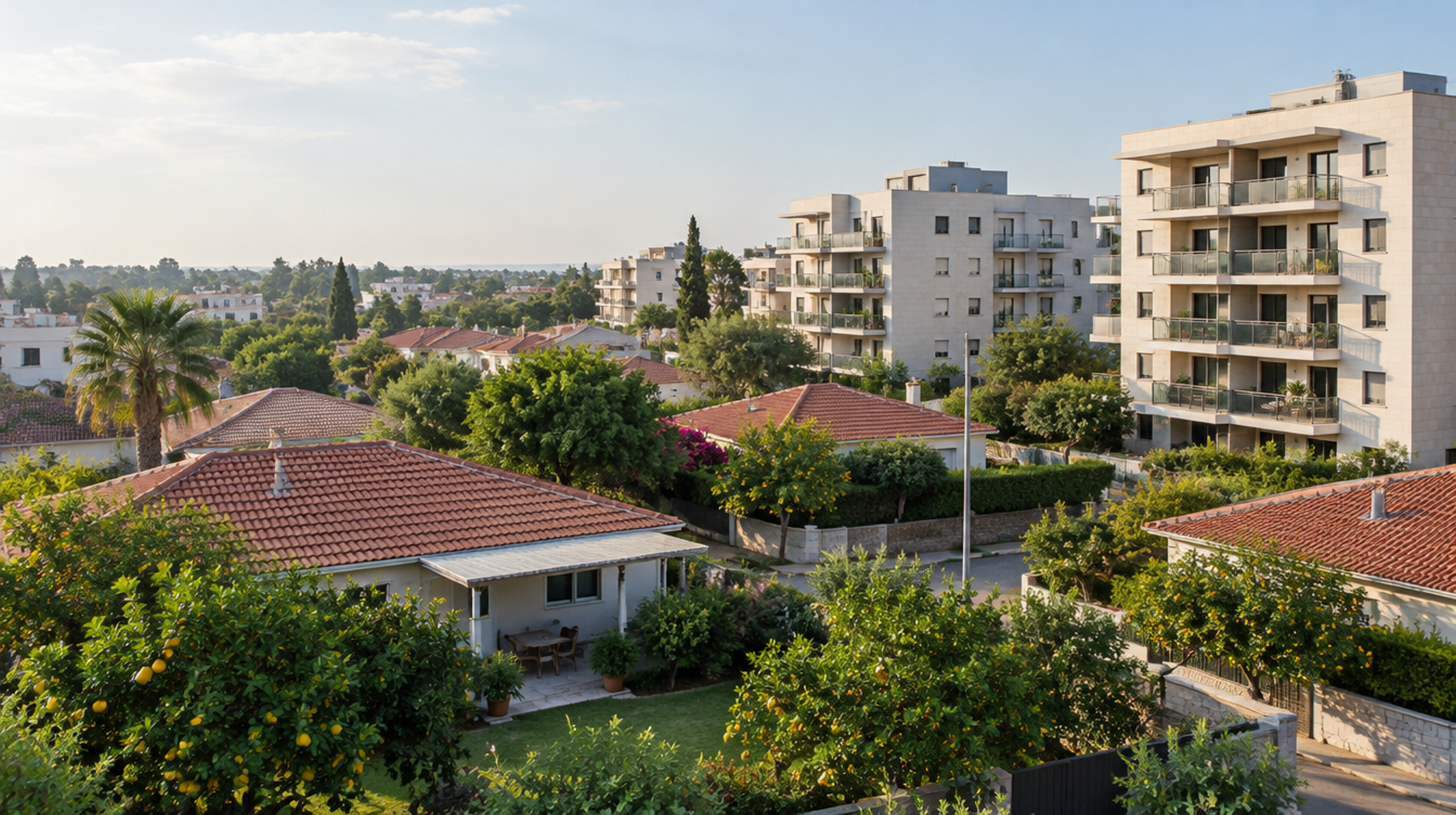 שכונת מגורים נמוכה בשרון, בתים פרטיים עם גגות רעפים וגינות לצד בנייני דירות חדשים ועצי הדר, באור בוקר רך