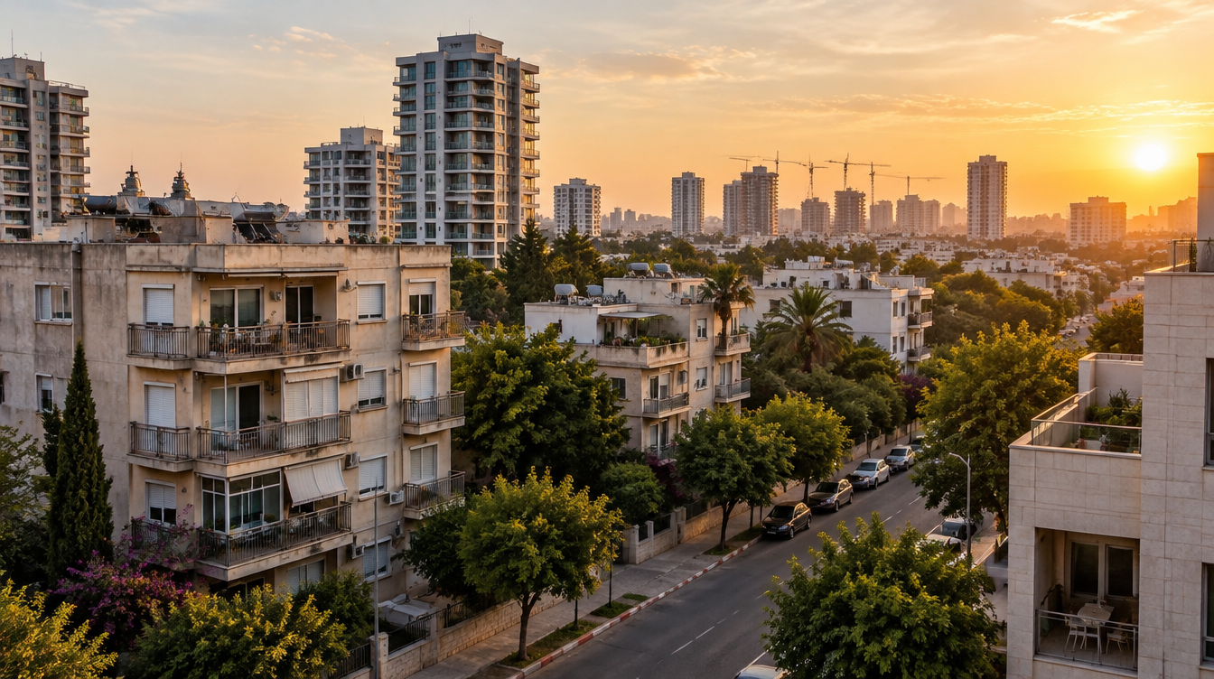 שכונת מגורים בישראל בשעת שקיעה: בניינים ותיקים עם מרפסות לצד מגדלים חדשים ועגורנים ברקע