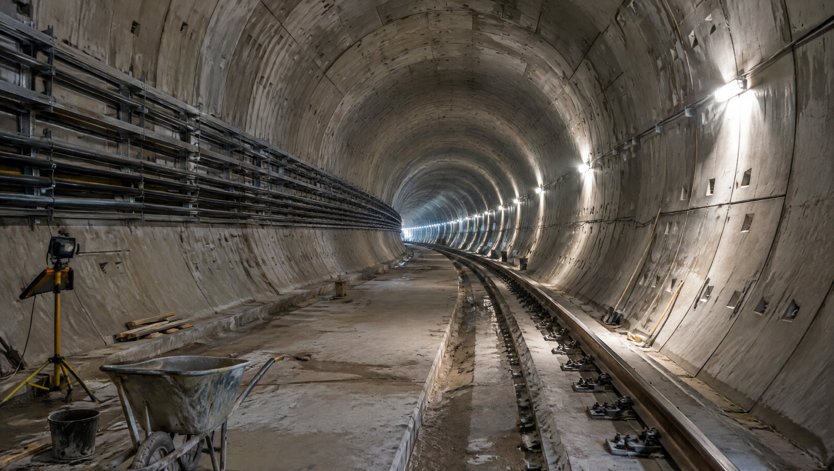 מנהרה תת־קרקעית בבנייה עם תאורה לאורך הקירות, מבט לעומק המנהרה