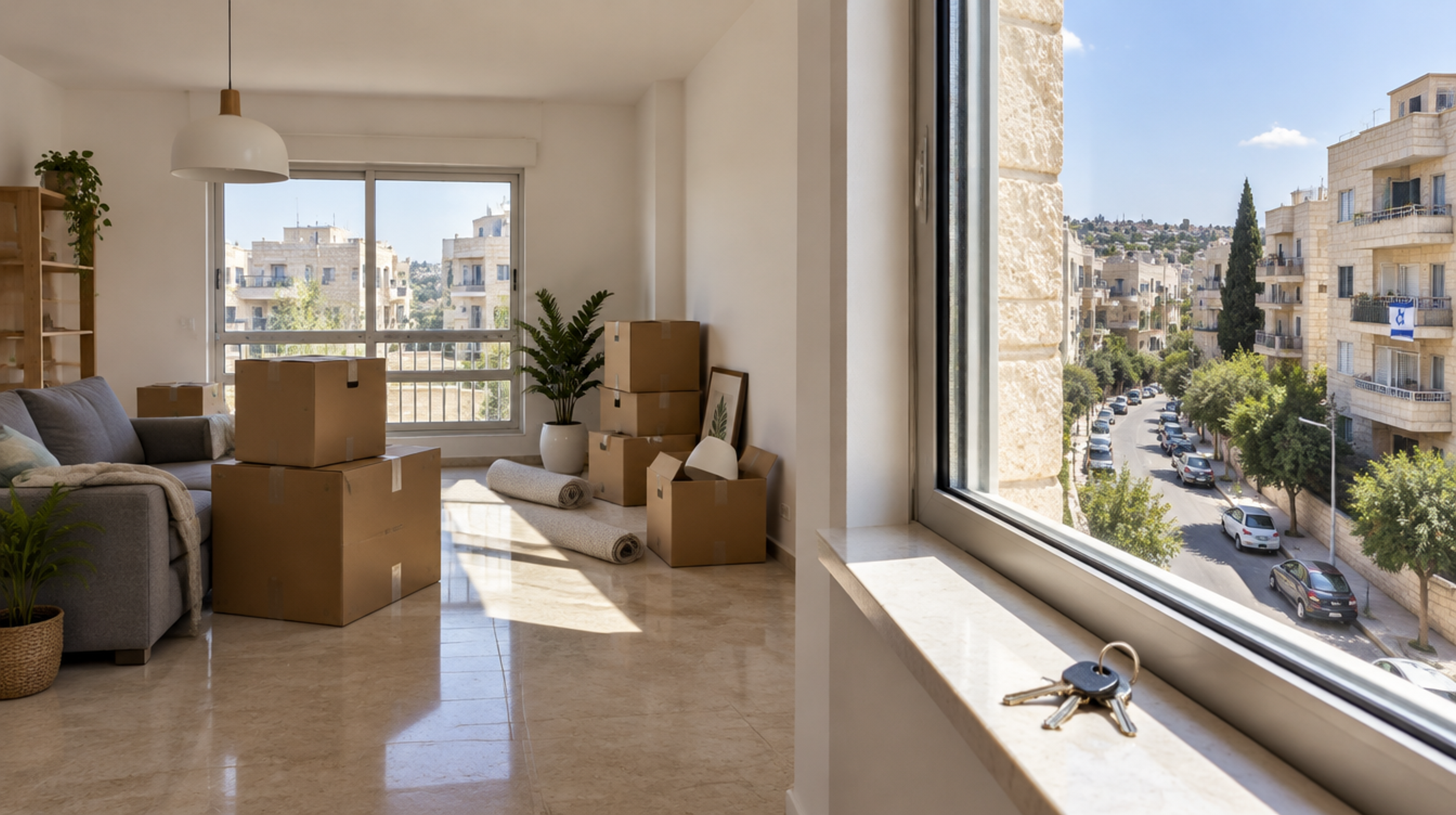 סלון ריק ומואר בדירה עם ארגזי מעבר ארוזים וצרור מפתחות על אדן החלון