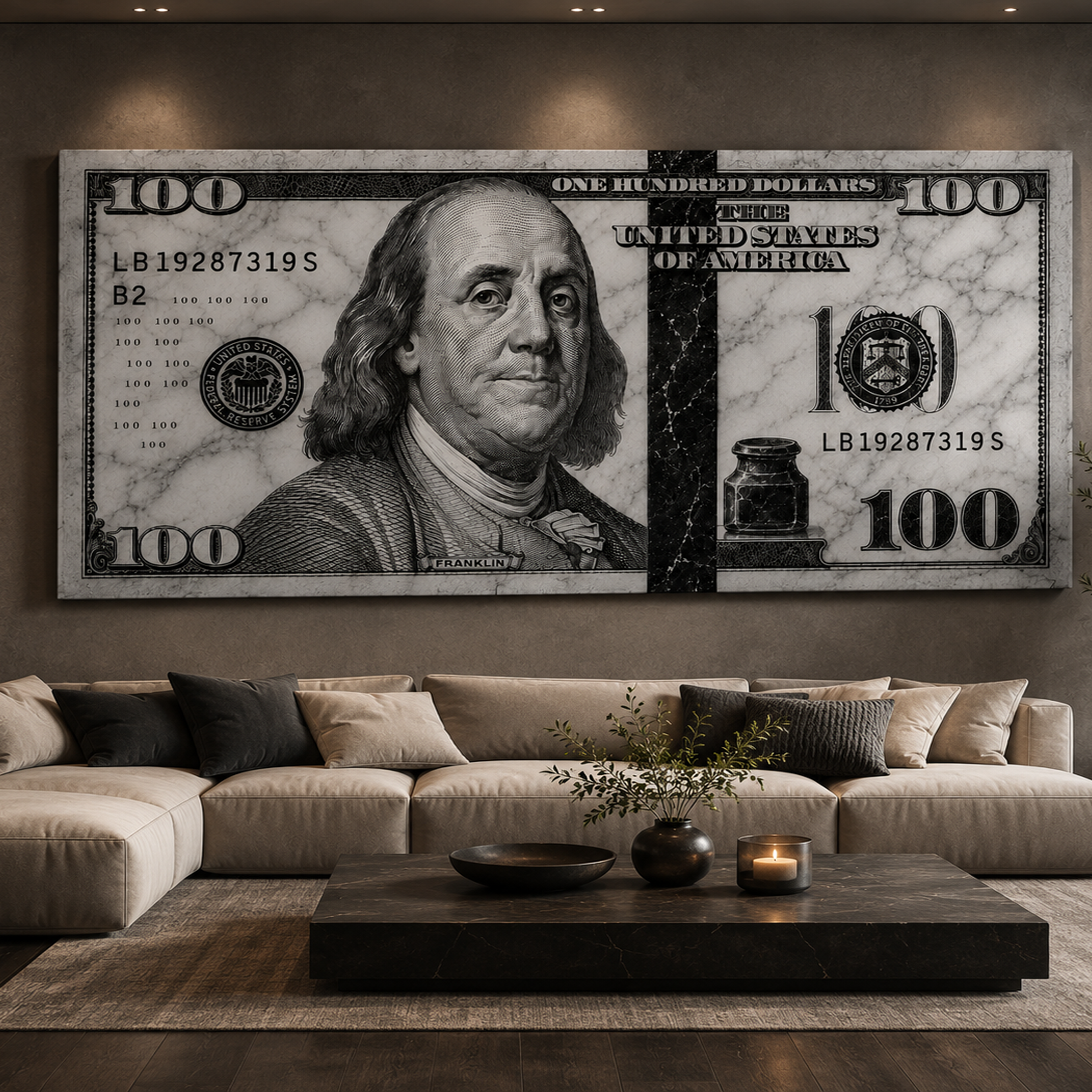 100 Dollars White Marble artwork shown as an Armoze canvas print