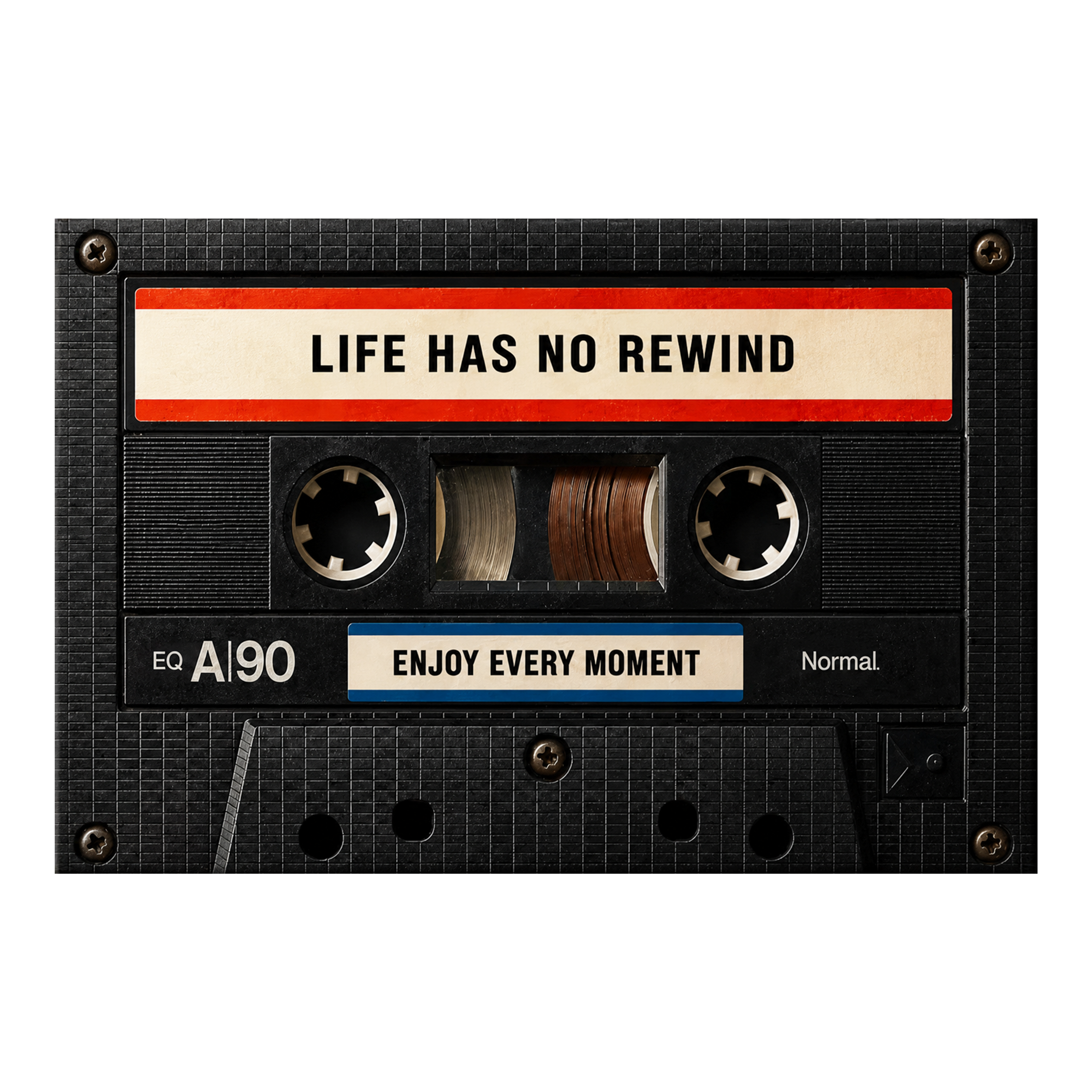 Life Has No Rewind cassette artwork shown as an Armoze motivational canvas print mockup