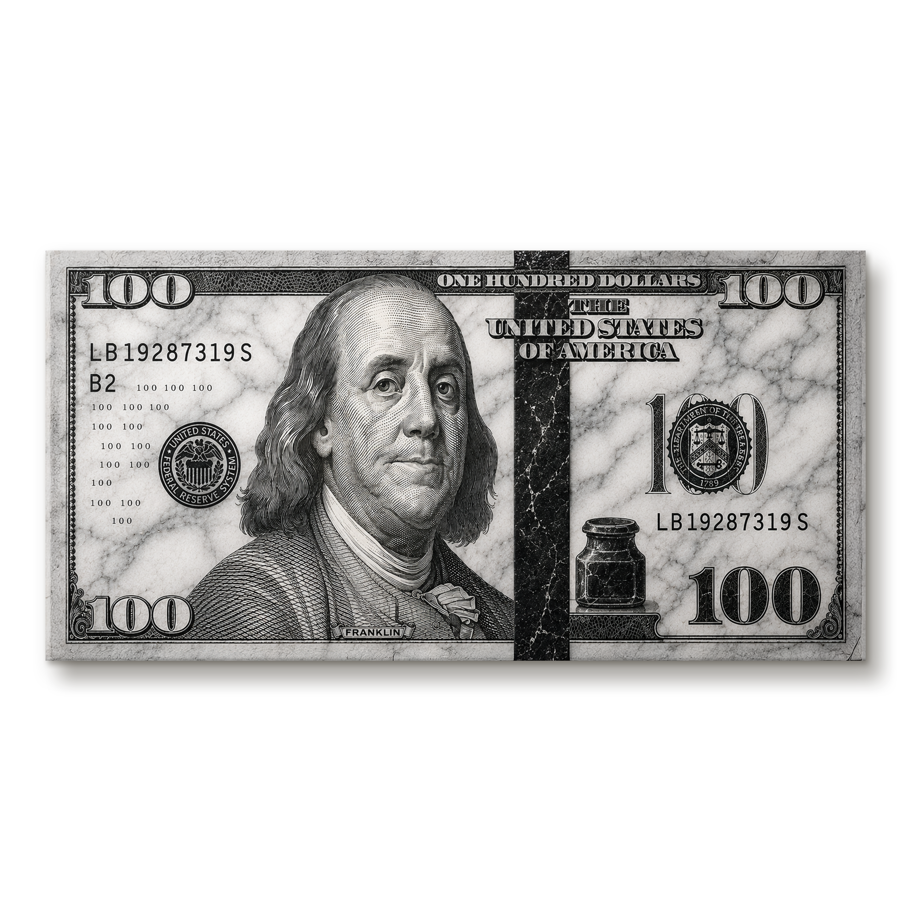 100 Dollars White Marble artwork shown as an Armoze canvas print