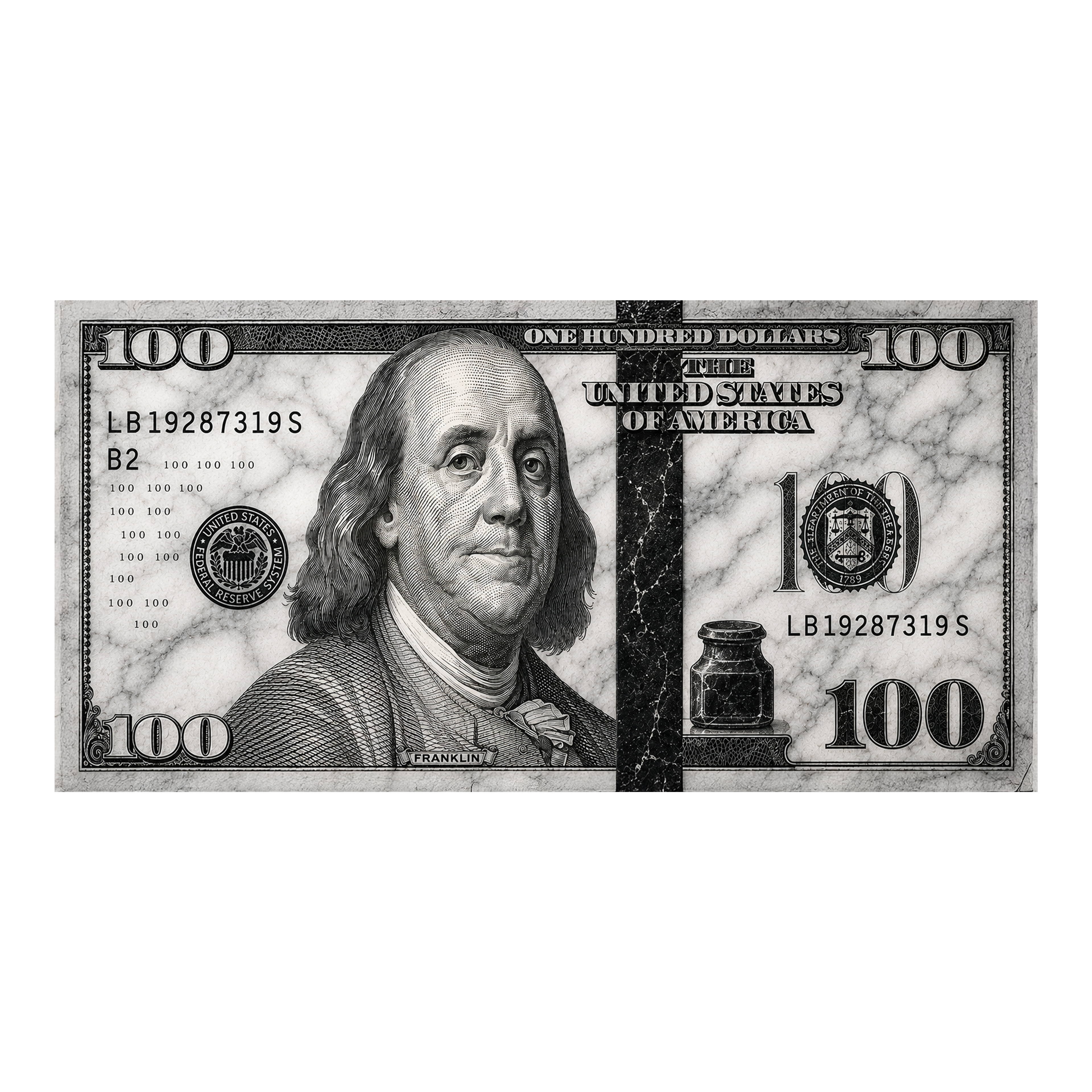 100 Dollars White Marble artwork shown as an Armoze canvas print