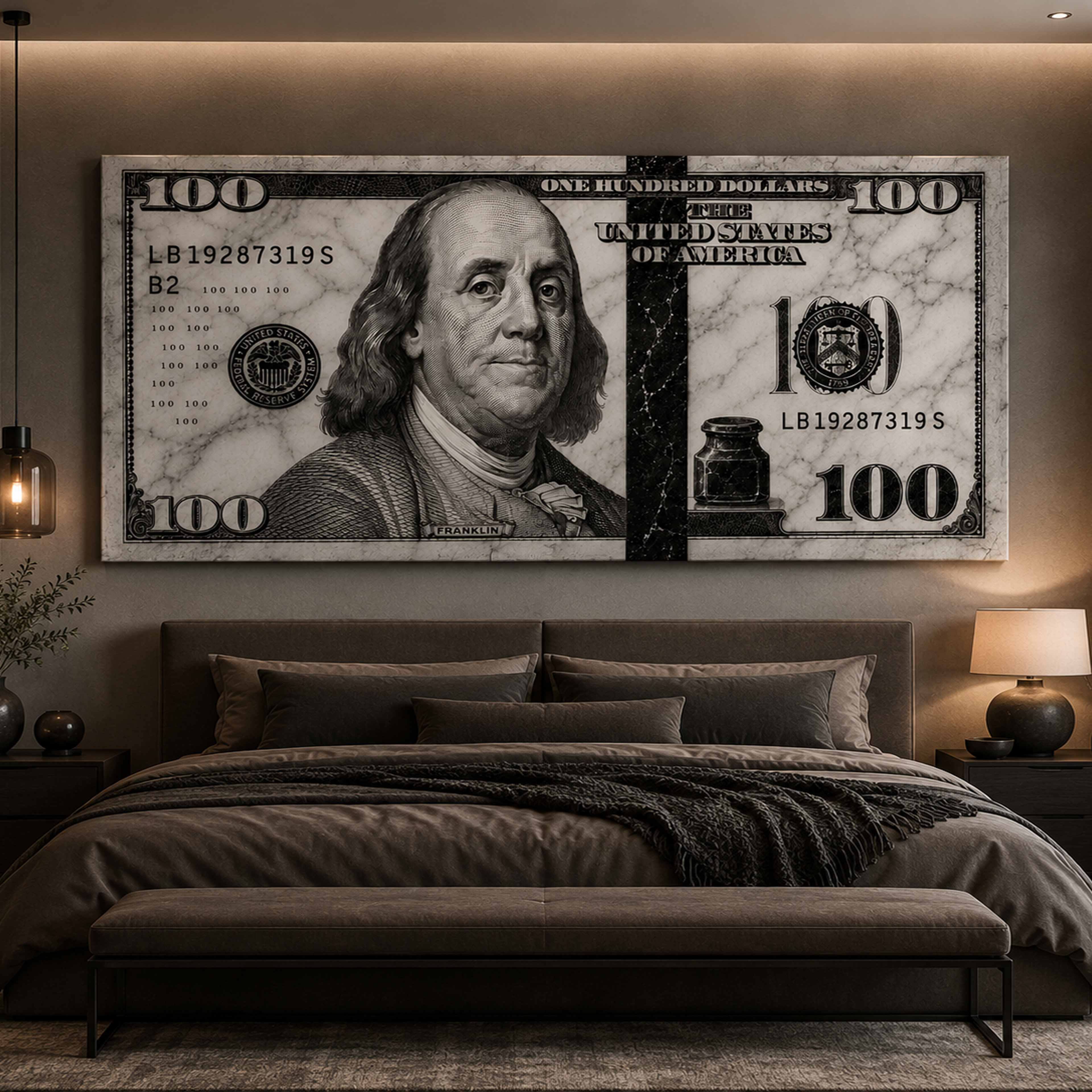 100 Dollars White Marble artwork shown as an Armoze canvas print