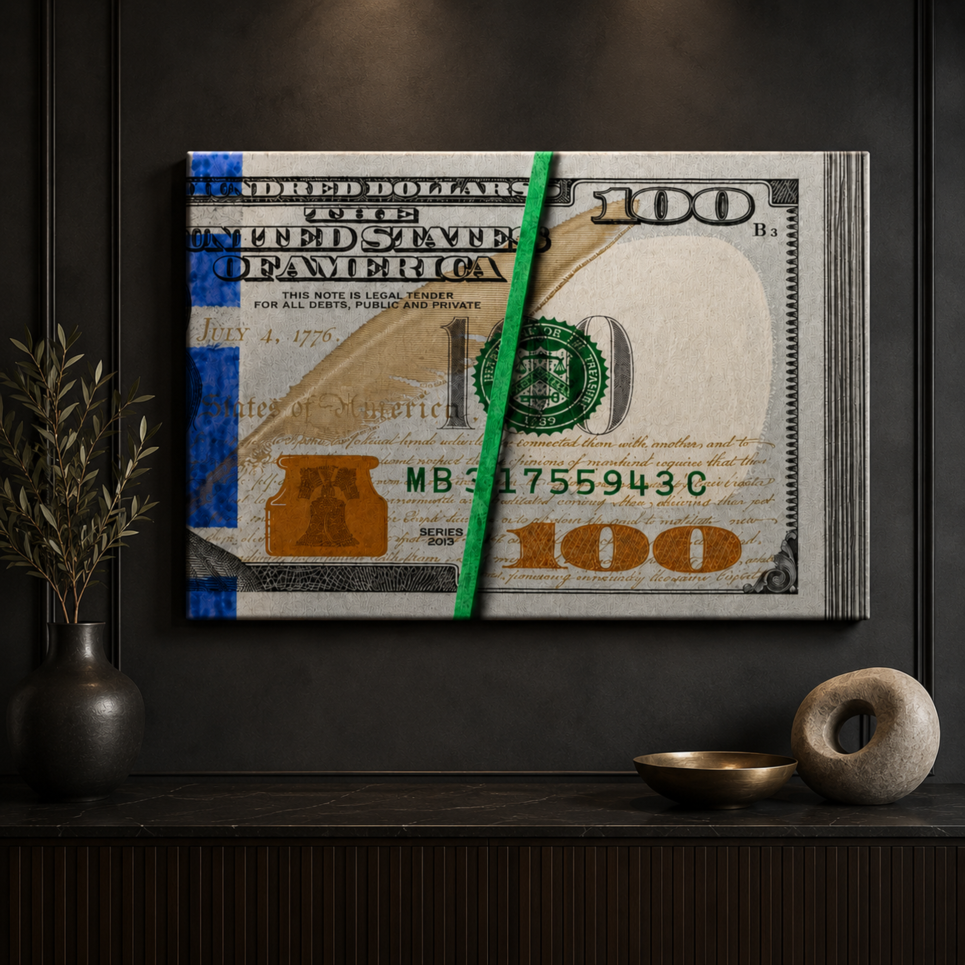Rubber Band Stacks money-mindset artwork shown as an Armoze canvas print mockup