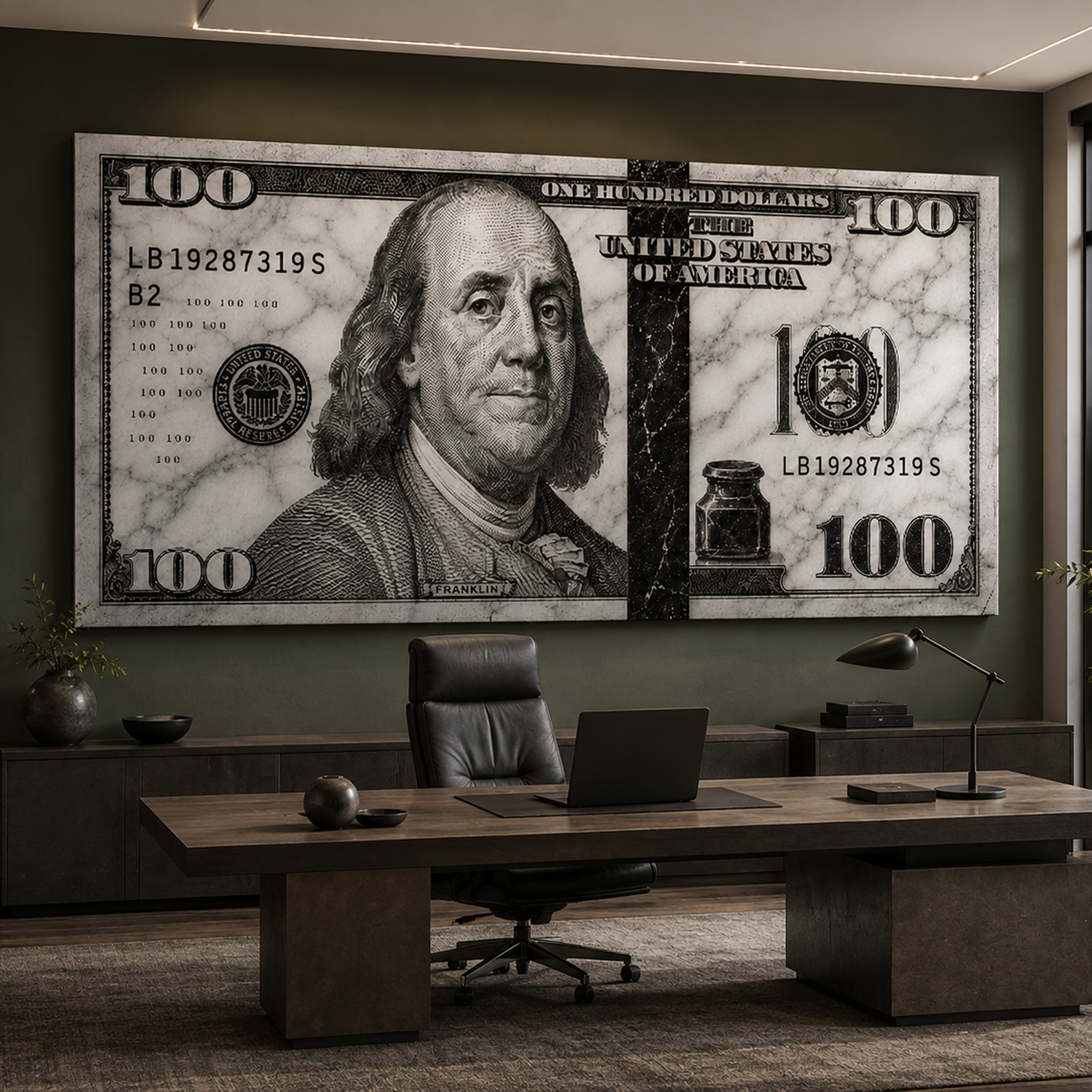 100 Dollars White Marble artwork shown as an Armoze canvas print