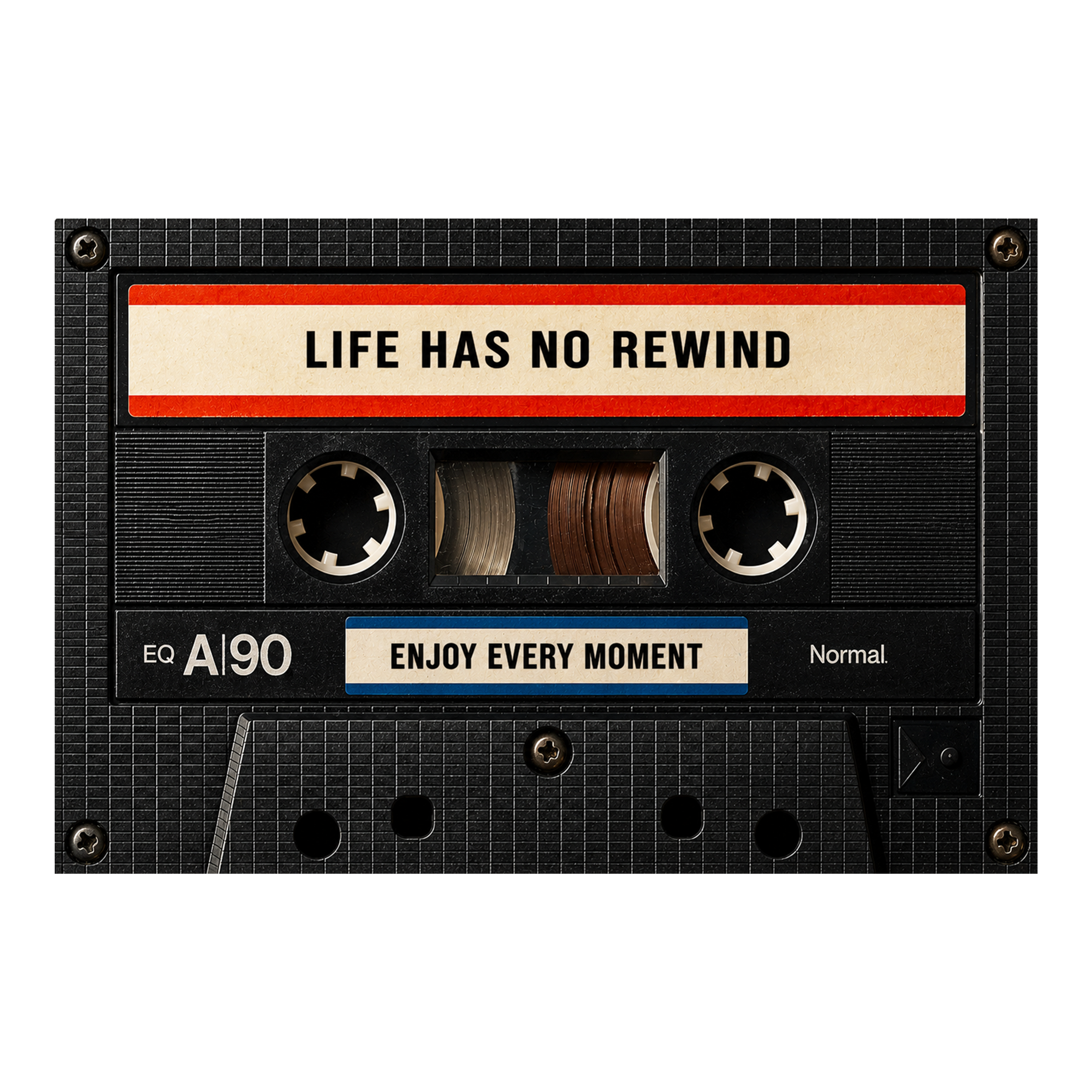 Life Has No Rewind cassette artwork shown as an Armoze motivational canvas print mockup