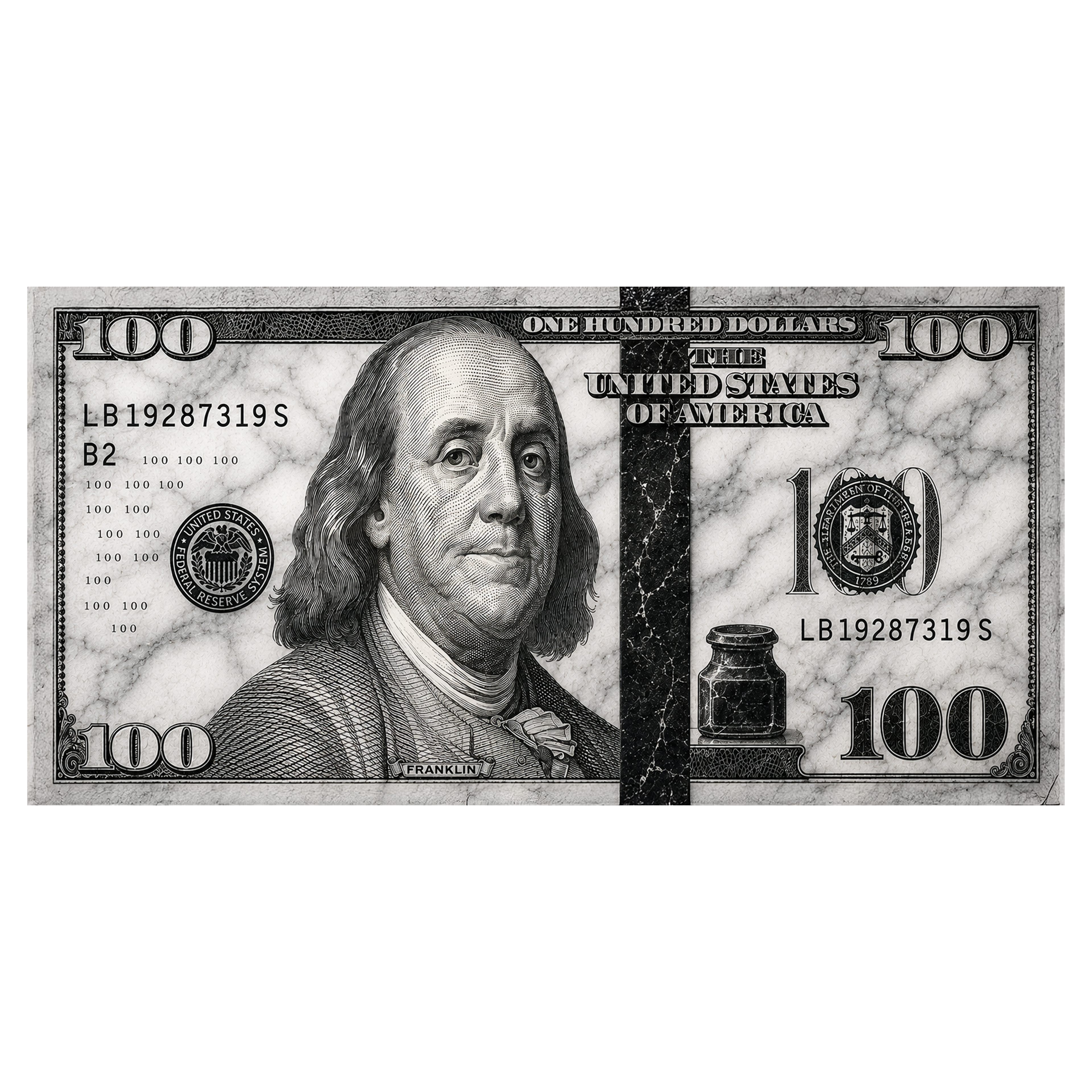 100 Dollars White Marble artwork shown as an Armoze canvas print