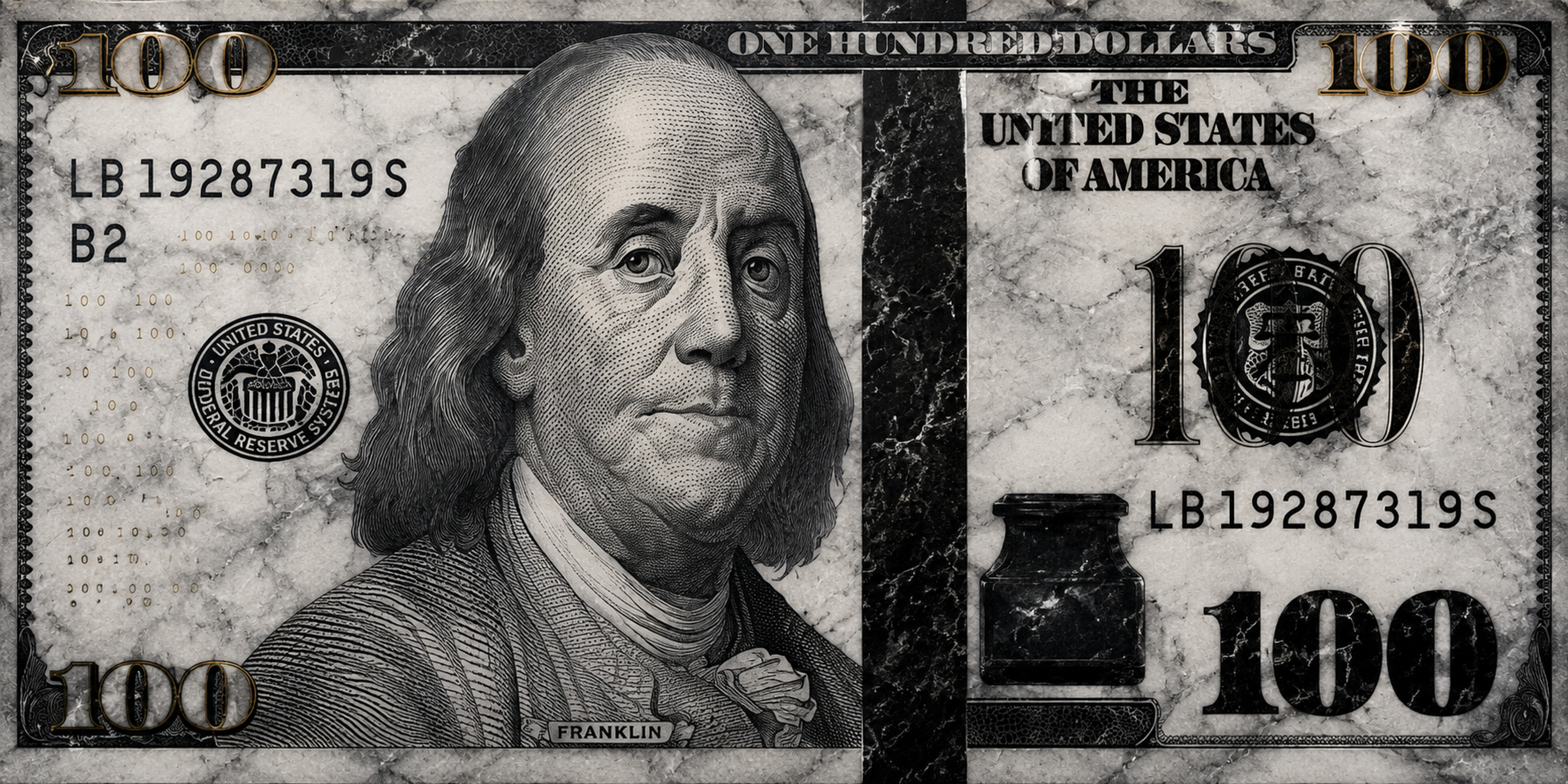100 Dollars White Marble artwork shown as an Armoze canvas print