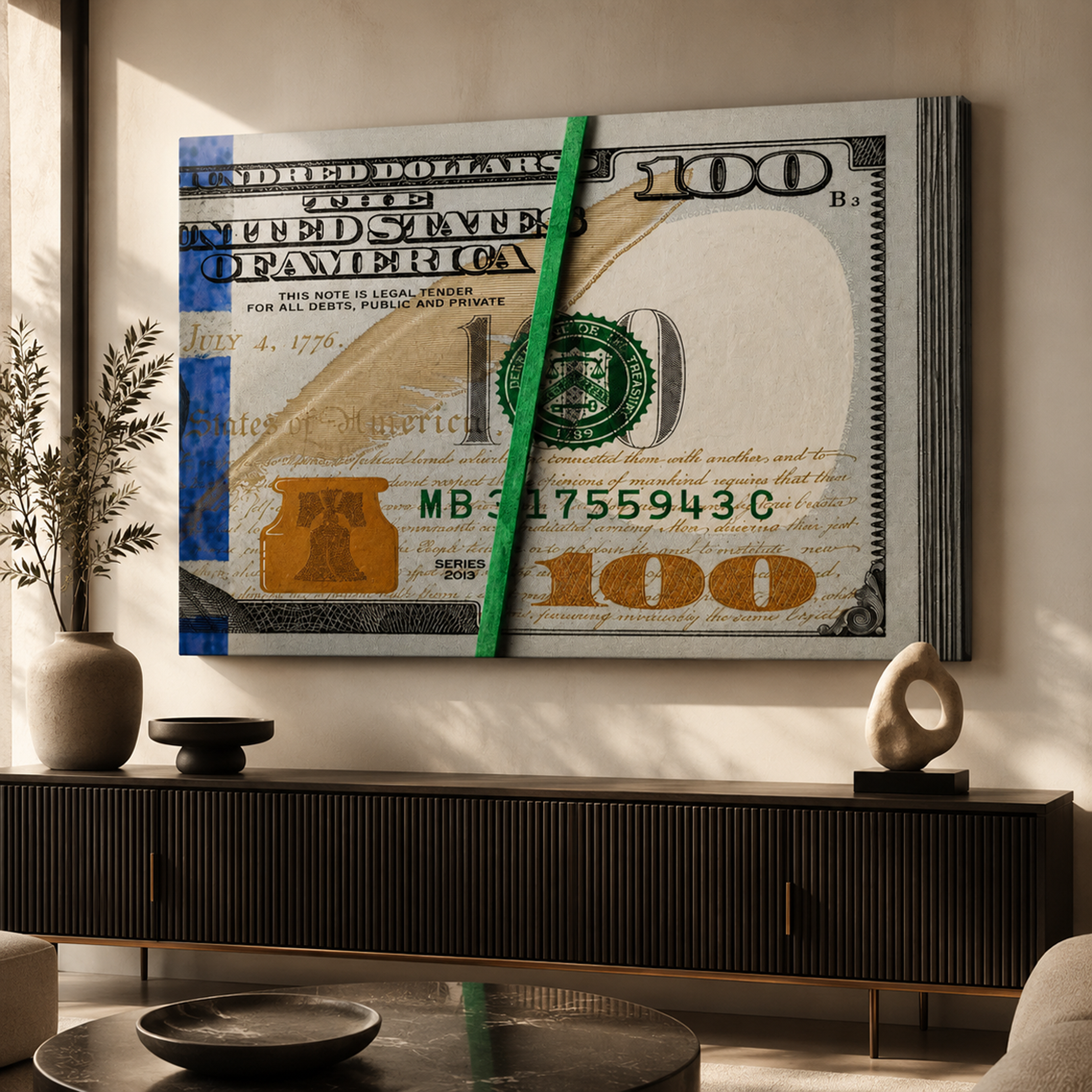 Rubber Band Stacks money-mindset artwork shown as an Armoze canvas print mockup