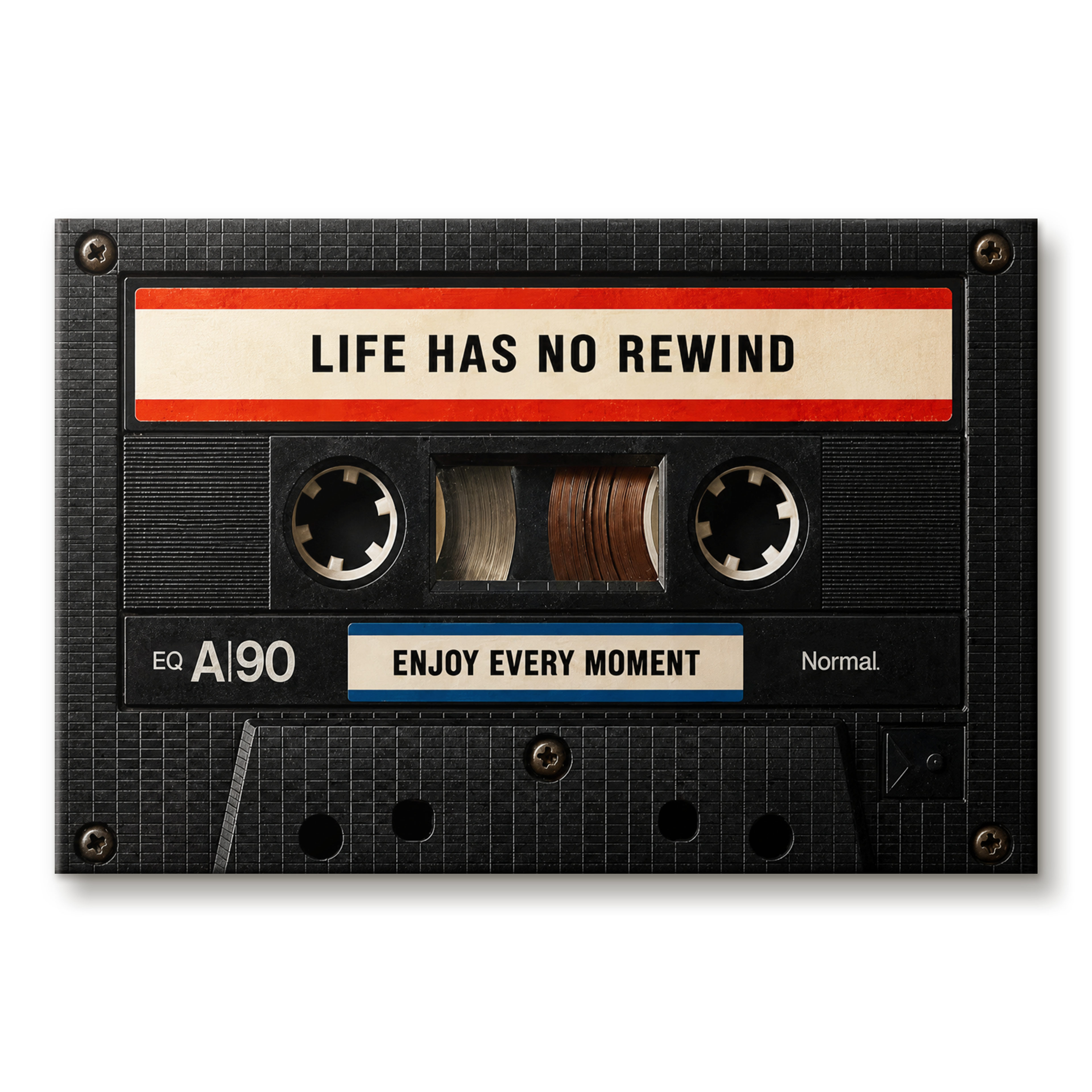 Life Has No Rewind cassette artwork shown as an Armoze motivational canvas print mockup