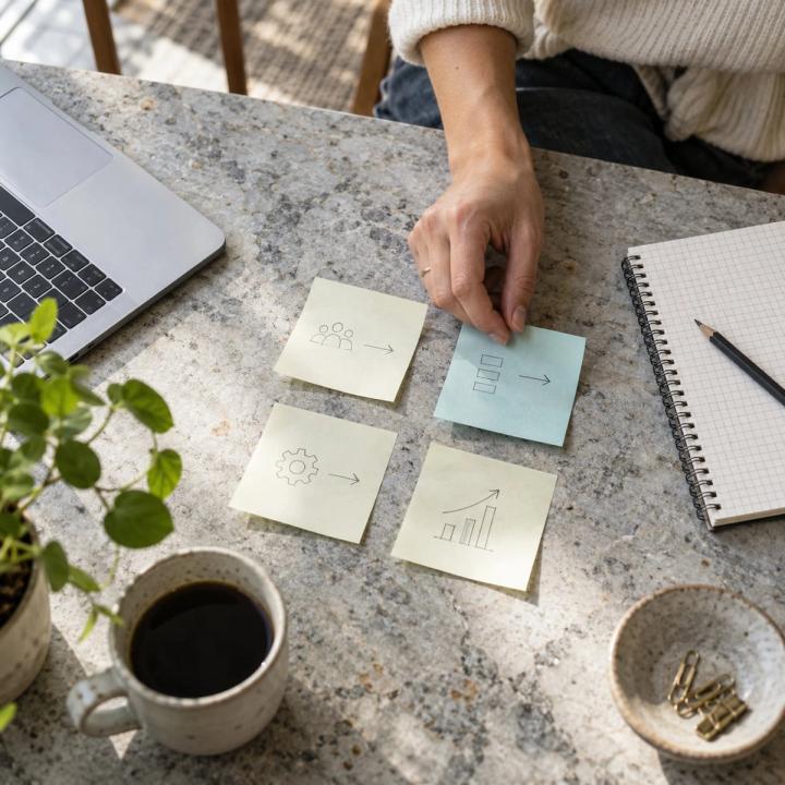 Organized sticky notes beside a laptop on a desk.