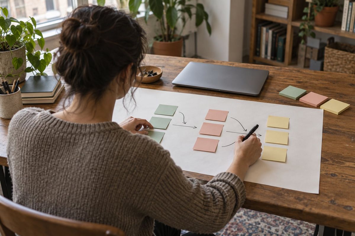 A person maps a work process with sticky notes on paper.