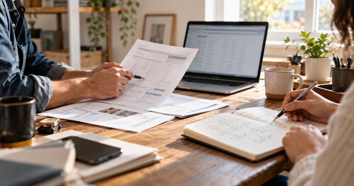 Two people review paperwork and a laptop during a work meeting.