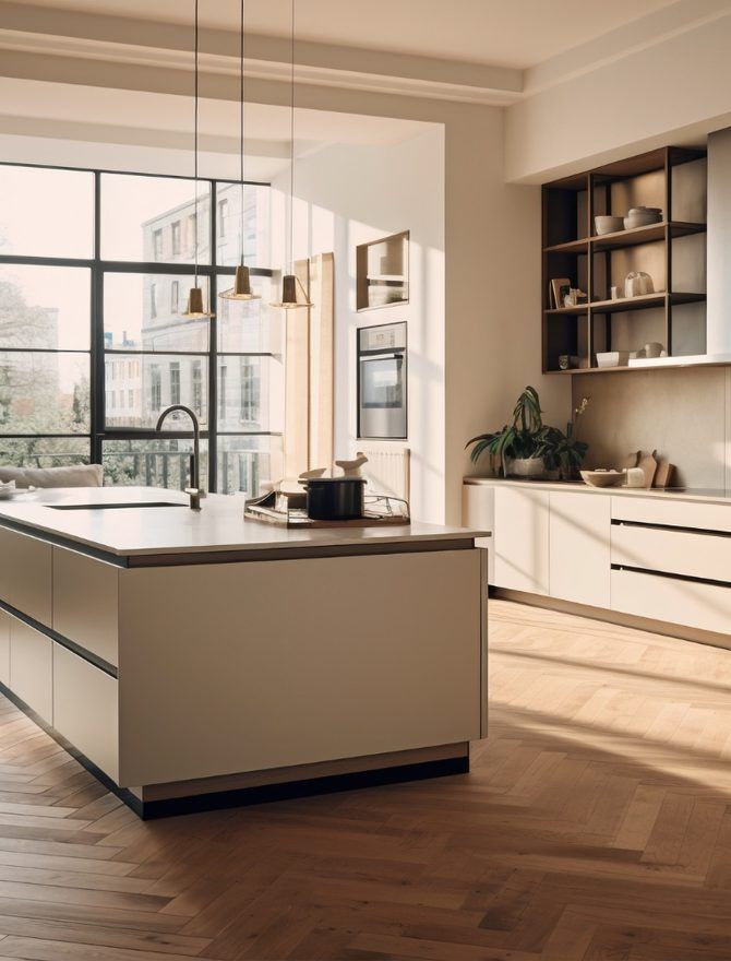 A bright open-plan kitchen with a large island