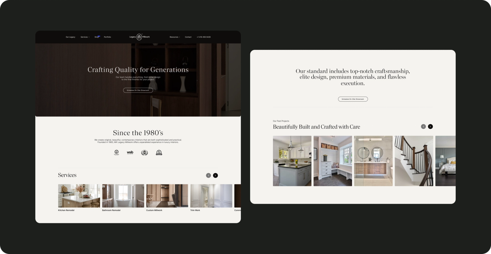 Screens from the MK Legacy Millwork website, including the heritage story and project gallery