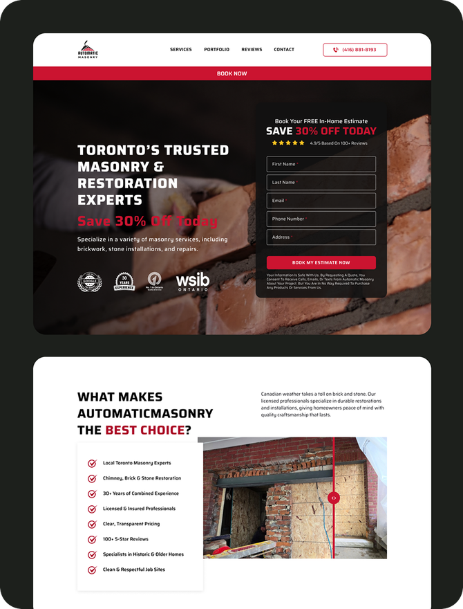 Screens from the Automatic Masonry website: the estimate-request landing page and the section setting out why the company is the right choice