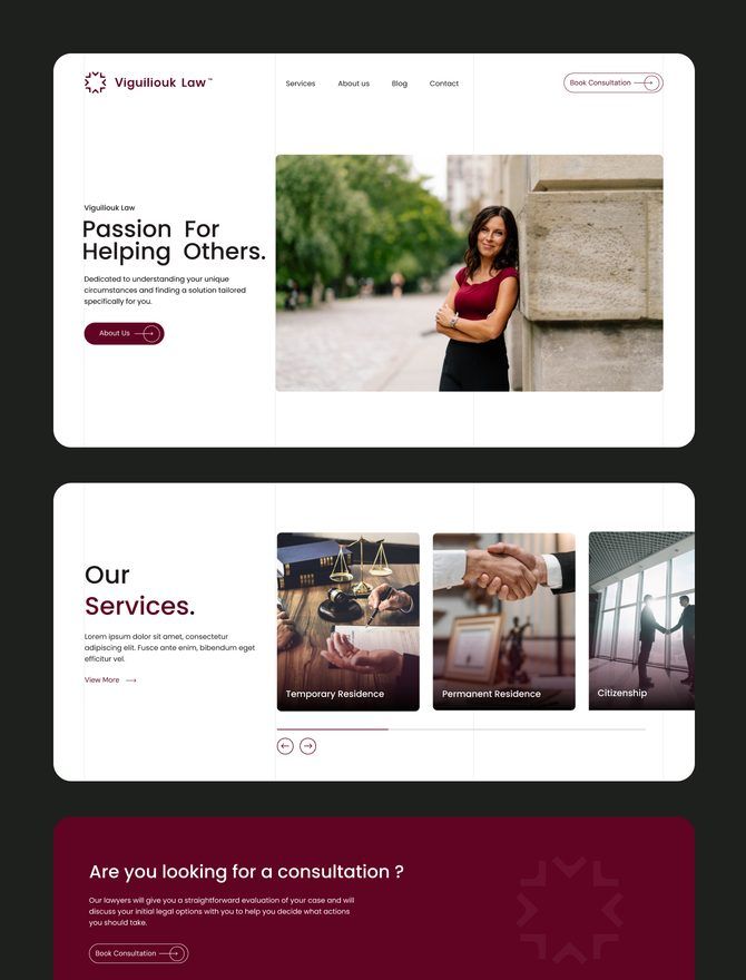 Screens from the Viguiliouk Law website, including the practice areas and consultation booking