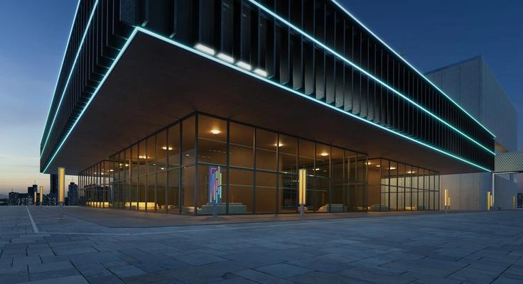 A modern commercial building at dusk lit by teal linear lighting