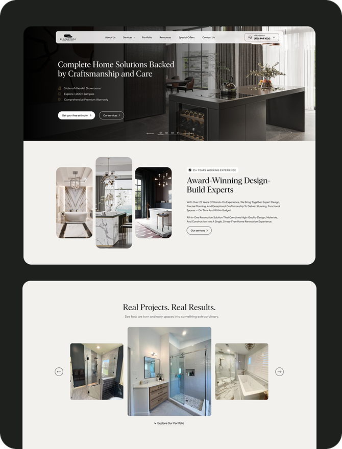 Screens from the Blackstone Home Services website: the home page hero, the award-winning design-build section, the project portfolio carousel and the reviews wall