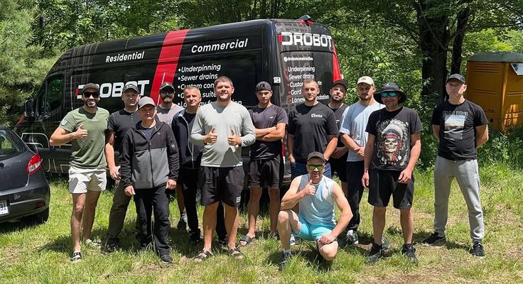The Drobot Construction crew standing in front of a branded work van