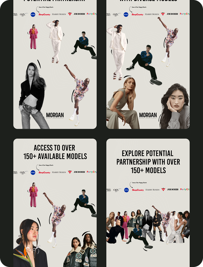Meta ad creatives for Morgan Model Management’s talent recruitment and partnership campaigns