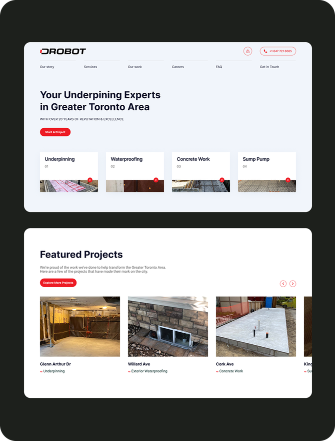 Screens from the Drobot Construction website, including featured projects and service coverage