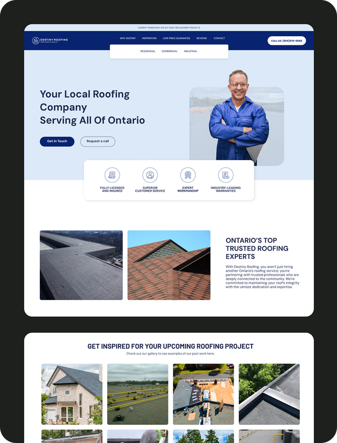 Screens from the Destiny Roofing website, including the homepage and project inspiration gallery