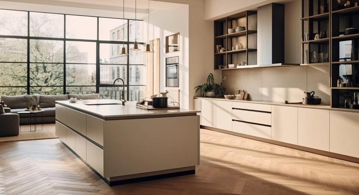 A bright open-plan kitchen with a large island