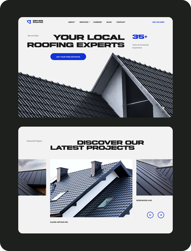 Screens from the Bryer Roofing website, including the homepage and project gallery