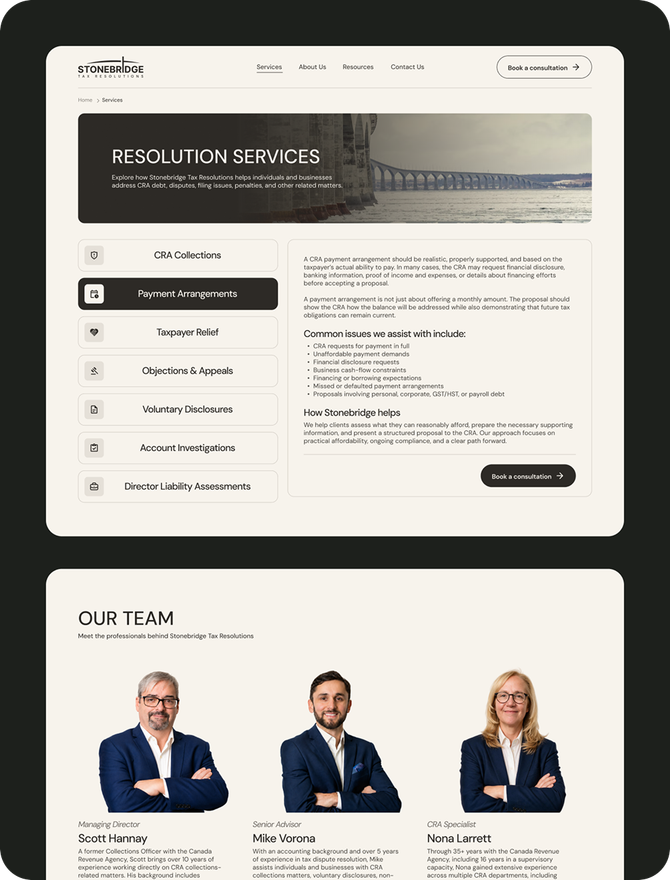 Screens from the redesigned Stonebridge Tax Resolutions website: the service tabs, the four-step resolution process, the team page and the resources hub