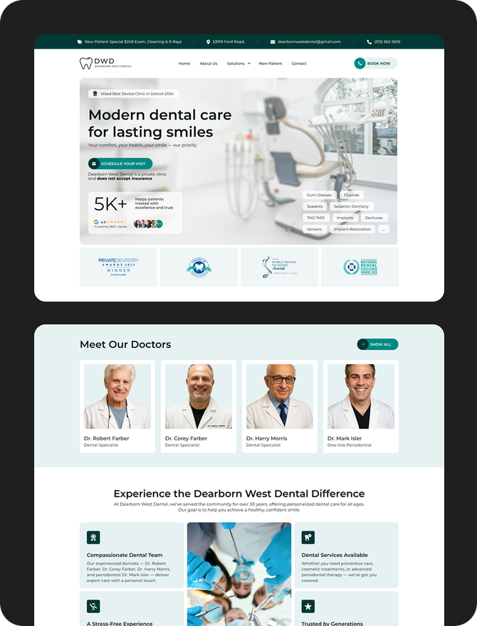 Screens from the Dearborn West Dental website, including the Meet Our Doctors section
